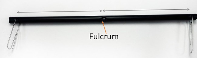 A black straw with perforations in the center and near the end. The center perforation is labeled 'fulcrum'. Paperclips are attached at both ends of the straw, equidistant from the fulcrum. 