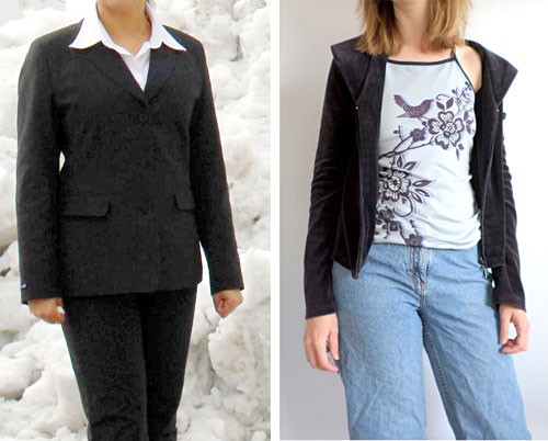 Photo of a woman wearing a formal blazer and pants next to a woman wearing an informal jacket with jeans