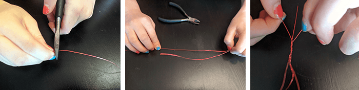 Three photos showing steps of assembling a water strider from wire, cutting, twisting, and bending
