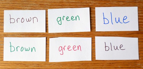 Brown, green and blue are written in their respective colors and again in different colors on separate cards