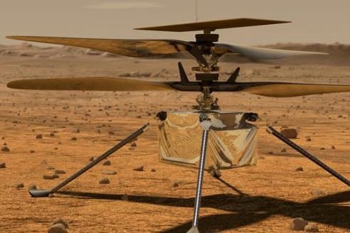 An illustration of the Mars Helicopter Ingenuity on a bare surface. The helicopter has rotors that stretch out far beyond the helicopter's body. The body looks small and lightweight. 