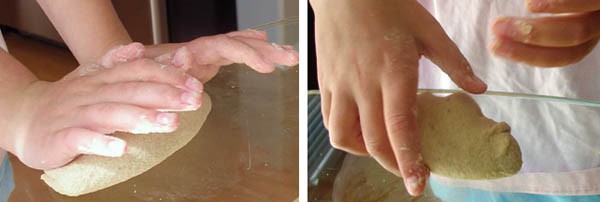Side-by-side photos showing the process of kneading dough