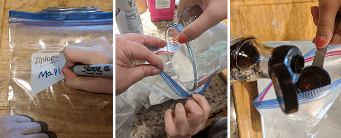 Three images showing labeling bag and adding ingredients for homemade maple ice cream