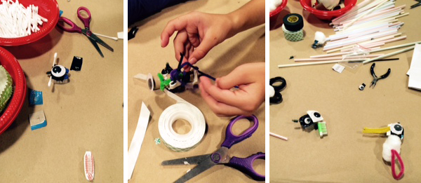 Three photos of a bristle bot being decorated with household materials