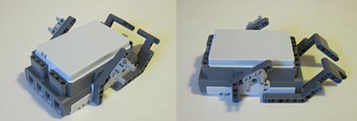 Two photos of motor mounts built from Lego pieces on an upside down NXT brick