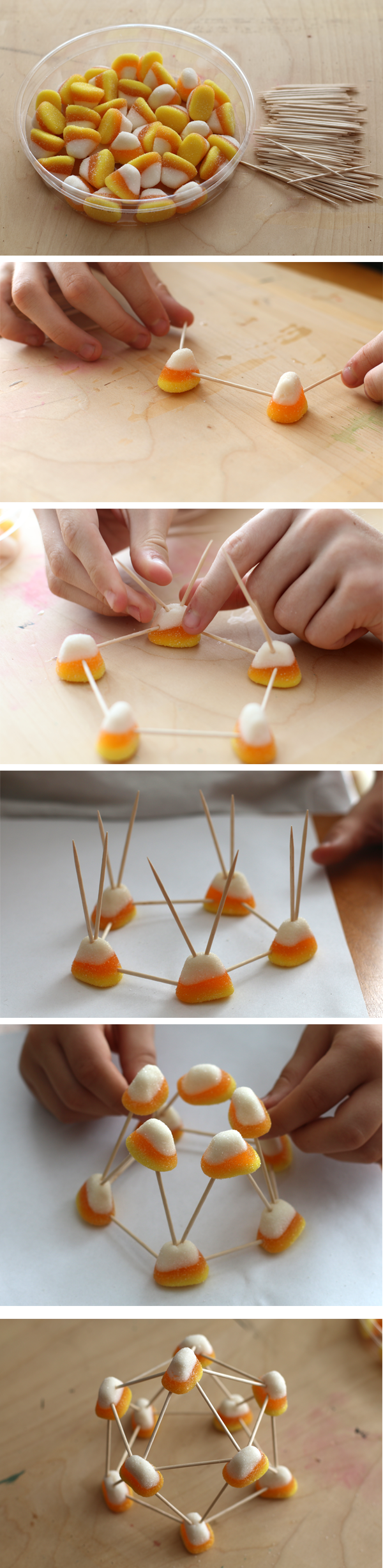 Six photos show a geodesic dome created with candy corn and toothpicks