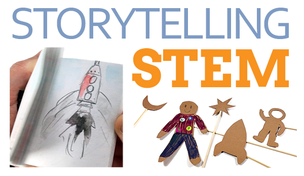 Five activities to pair STEM with storytelling, including images from flipbook and shadow puppet activities