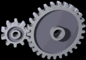 Two differently sized gears with teeth interlocked