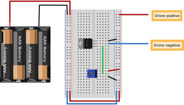 Breadboard diagram with drone power wires connected