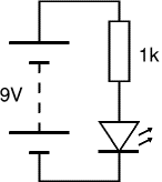 Circuit diagram of a closed circuit with a nine volt battery, 1000 ohm resistor and LED