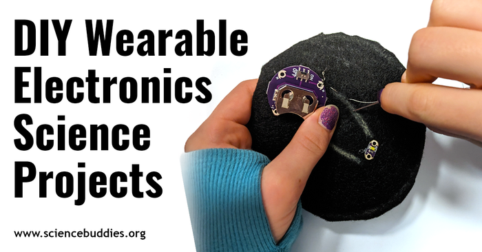 Wearable electronics science projects - pictured student hands sewing with conductive thread and an Arduino component to make a custom sewn circuit patch 