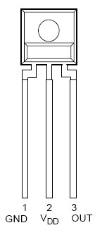 Diagram of a photodiode sensor with three leads for ground, positive supply voltage and output voltage