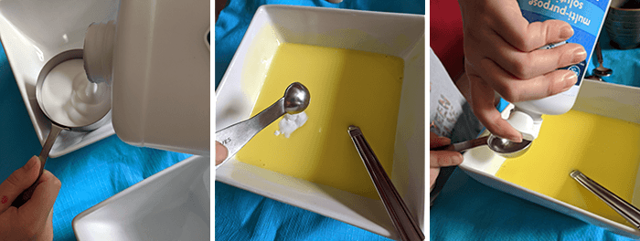 Three photos showing slime being made from glue, water, contact solution, and other ingredients in the activity recipe