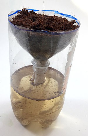 Coconut coir fills the top of a homemade hydroponics container above a reservoir of brown water