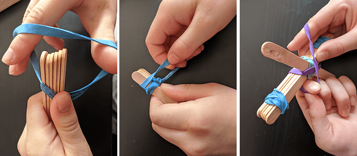 Three photos showing student using rubbers bands to hold wooden popsicle sticks together during assembly of catapult