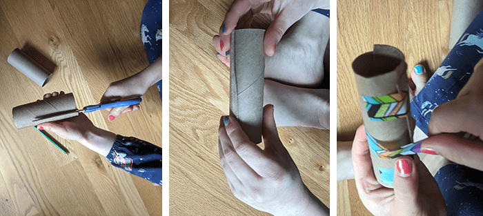 Three photos showing cutting and taping a toilet paper roll as part of the cottonball launcher assembly