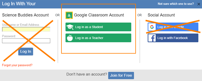 Cropped screenshot of a log in prompt on ScienceBuddies.org with the Google Classroom Account login highlighted