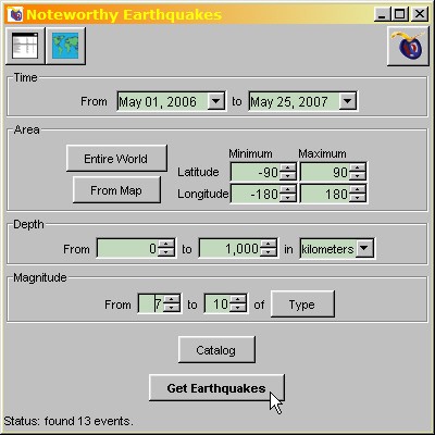 Screenshot of the noteworthy earthquakes dialog box in the program Global Earthquake Explorers