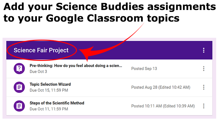 Cropped screenshot of assignments and announcements in a Science Fair Project topic in Google Classroom