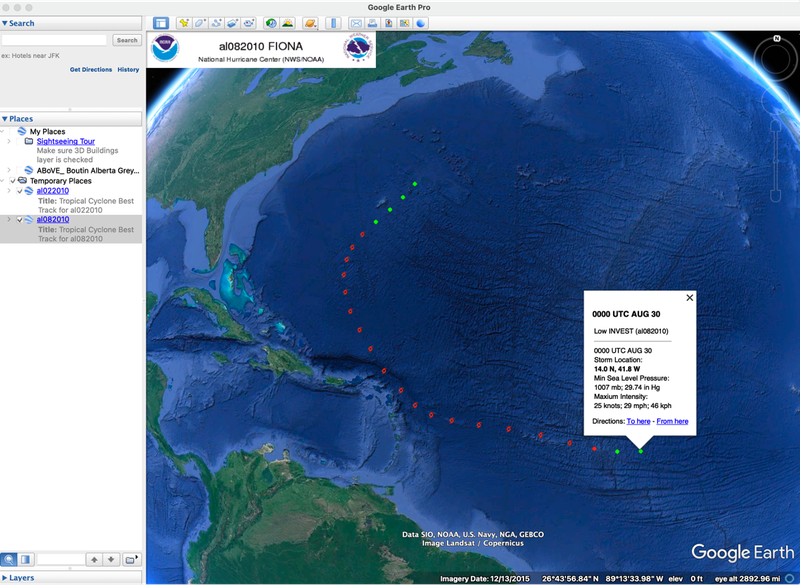 google earth storm tracking screen of Fiona National Hurricane Center