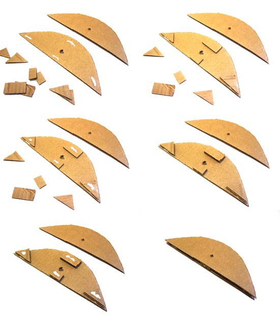 Six images show two cardboard parabolas glued together with triangle and rectangle spacers placed in-between