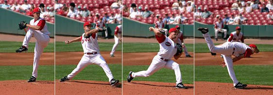Four progressive phases of a man pitching from wind-up to the follow through