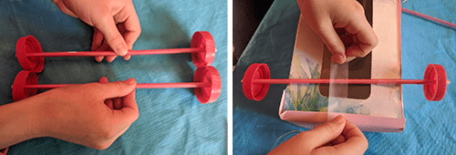 Two photos showing two toy car axels made from straws, skewers, and plastic milk bottle lids and then student attaching axels to a recycled cardboard box chassis for a toy car