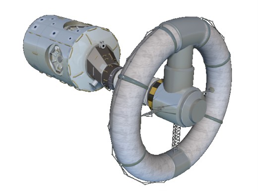  a space station with a doughnut-shaped section for artificial gravity 