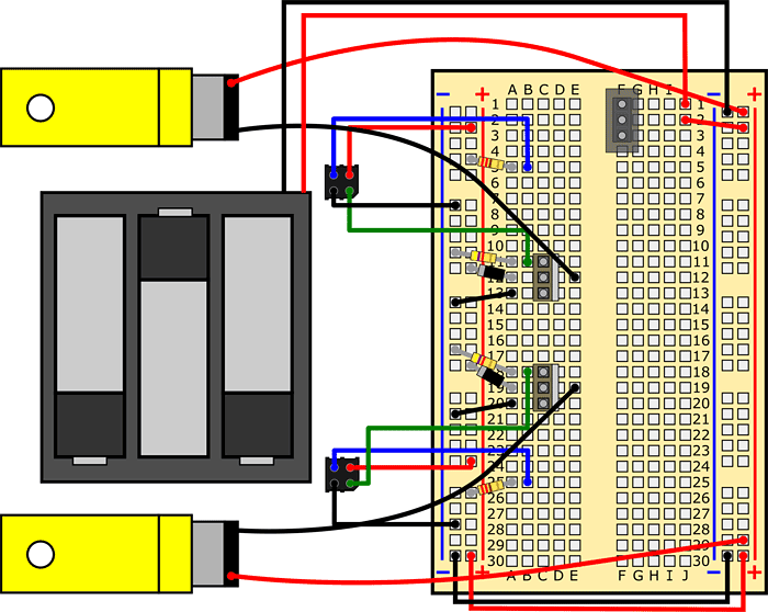 Wiring diagram shows how two motors and a battery pack are connected to a breadboard