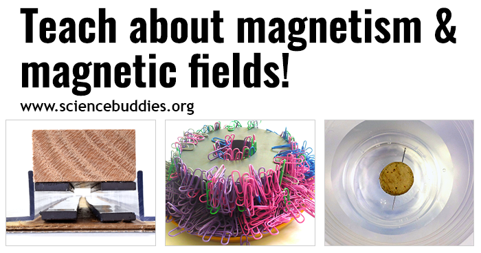 Paperclips on a magnet, a homemade maglev train, and a simple compass to represent collection of STEM lessons and activities to teach about magnetism
