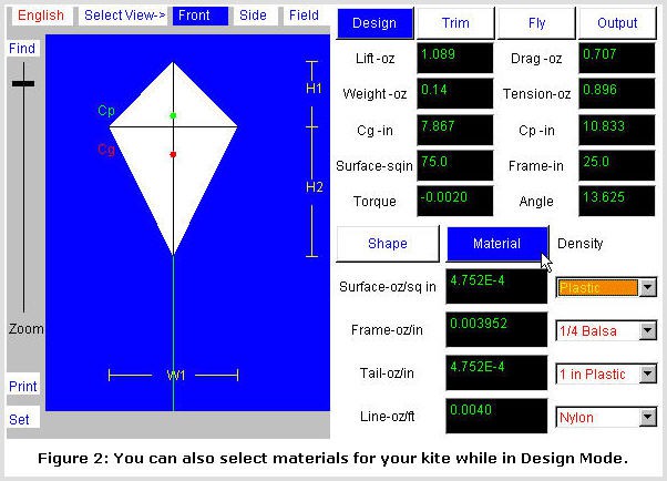 Screenshot of a kites materials in design mode in the Kite Simulator program