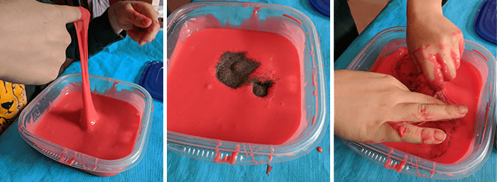 Three photos showing iron filings being mixed and kneaded into red homemade slime