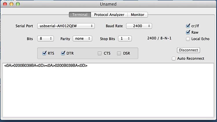 Screenshot of the program SerialTools displaying incoming data from a RFID reader that is plugged into a computer