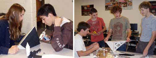 Two photos: A student uses a glue gun to form secure walls in a tent-shaped structure made of foam core board with one black exterior wall. Four students at a table with glue, foil and supplies, with one student balancing an inverse-pyramid-shaped structure with window panes on one side.