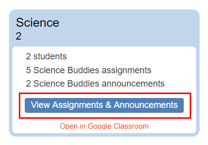 Cropped screenshot of a View Assignments & Announcements button in Google Classroom
