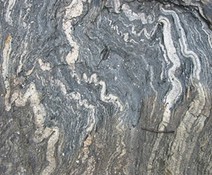  metamorphic rock with warped, squiggly layers 