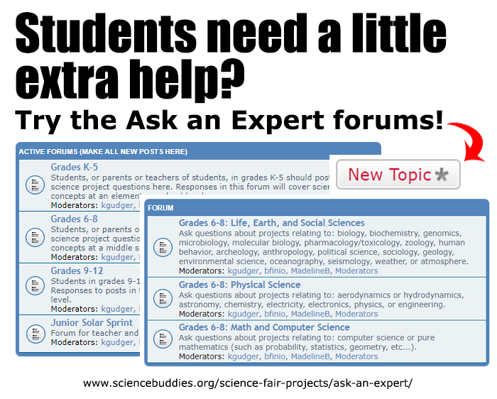 Two cropped screenshots of posted topics in the Ask an Expert forum on ScienceBuddies.org