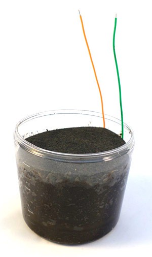 A cup is layered with a thin layer of mud, an anode pad, more mud and a cathode pad on top