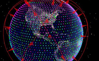  Visualization of the globe with cones visualizing the coverage of an area.  