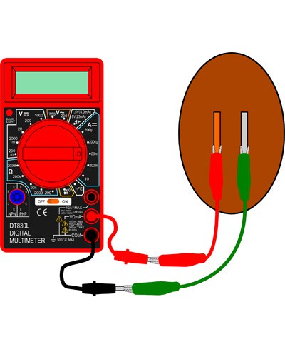 Drawing of two alligator clips connect the leads of a multimeter to a zinc and copper electrode in a potato