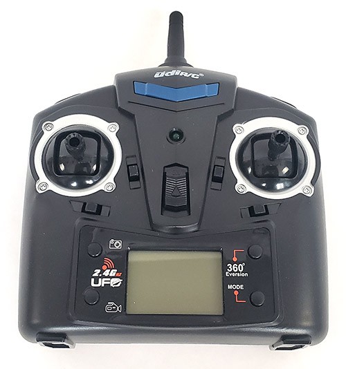  A handheld drone controller with two joysticks.  