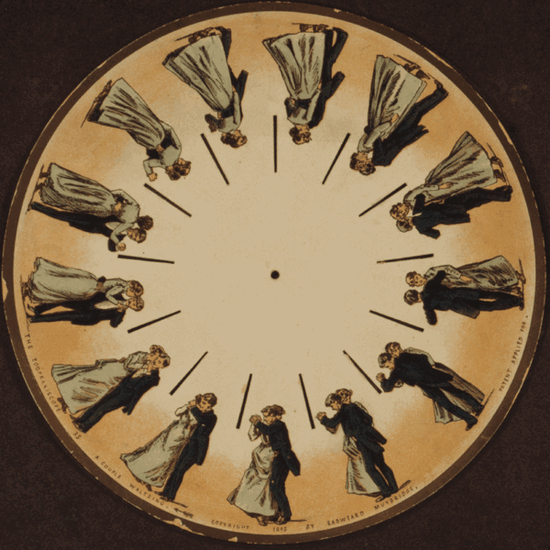 Animation of a spinning disk with a couple dancing along the edge