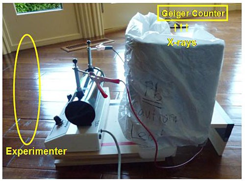 An X-ray tube is tested by holding a Geiger counter above a powered on X-ray tube from behind a lead shield