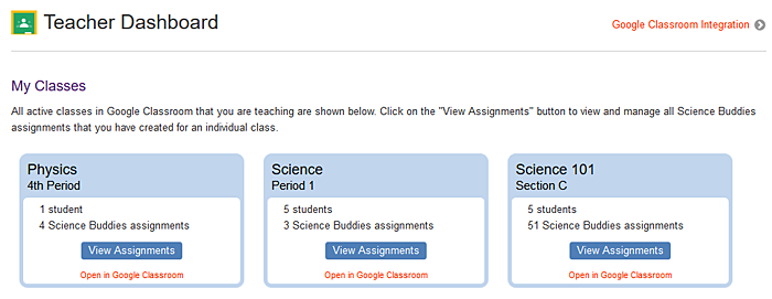Cropped screenshot of a classes page in the Teacher Dashboard for Google Classroom