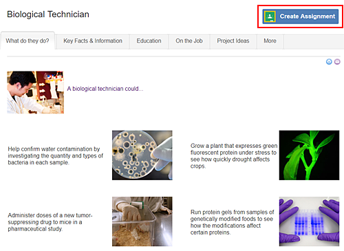 Cropped screenshot of a Create Assignment button highlighted on a Science Buddies career profile page