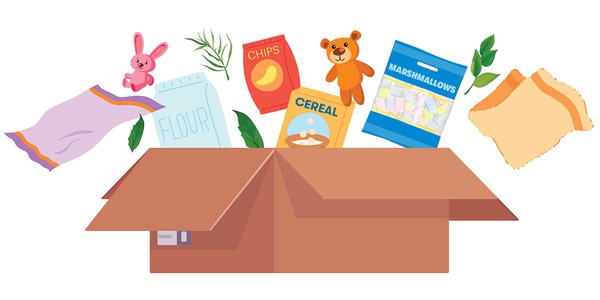 Cardboard box with a variety of items coming out of it including blanket, plants, and stuffed animals.