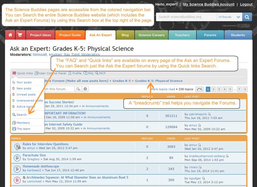Screenshot of a quick links drop-down menu on the Ask an Expert Grades K-5 forum on the website ScienceBuddies.org