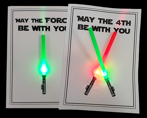 Two light saber cards with lightup LEDs from paper circuit activity