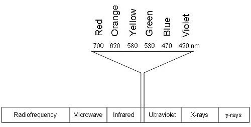 Simplified graphic of the electromagnetic spectrum that focuses on the range of visible light