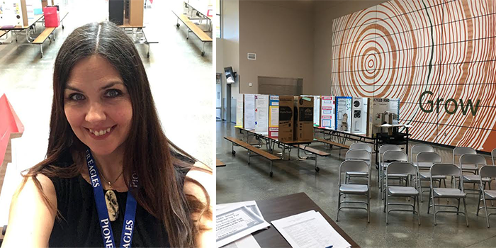Photo of a teacher next to a photo of display boards set up on tables